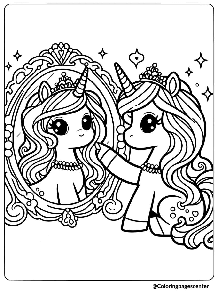 Princess unicorn admiring her reflection coloring page