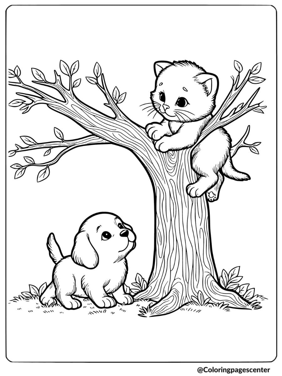 Kitten climbing tree while puppy looks up coloring page