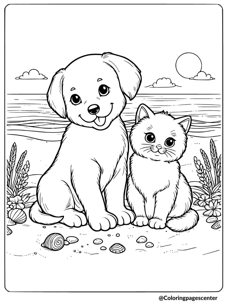 Puppy and kitten sitting by the beach with seashells coloring page