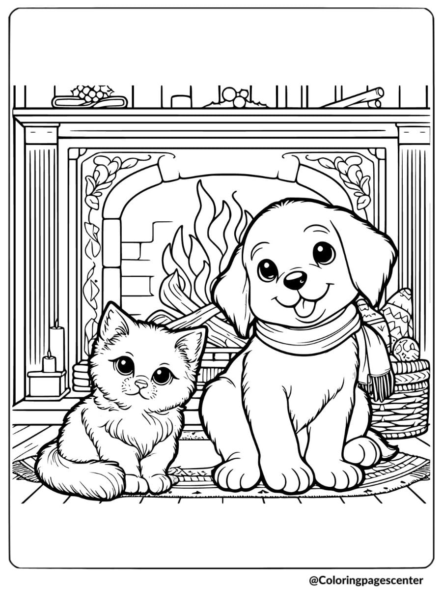 Cozy puppy and kitten sitting by fireplace coloring page