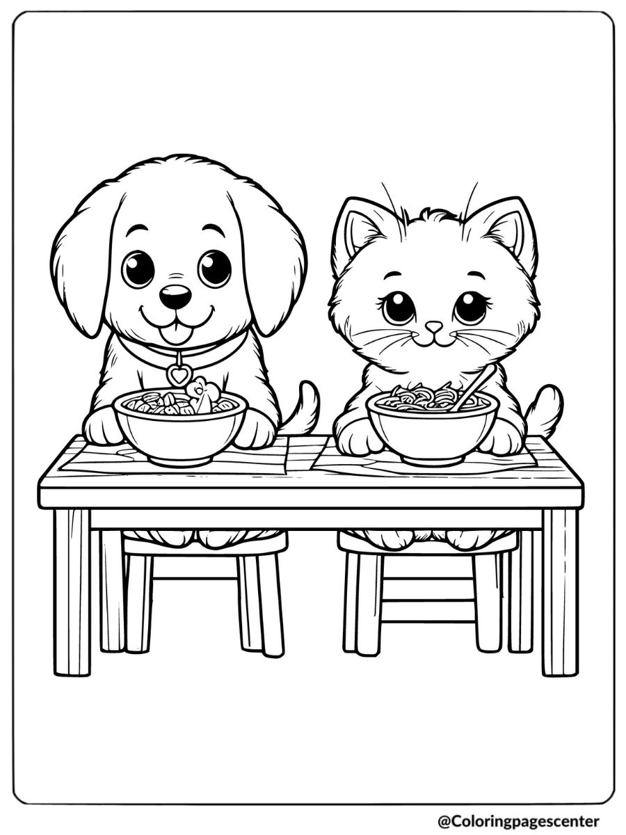 Puppy and kitten sharing meal at table coloring page