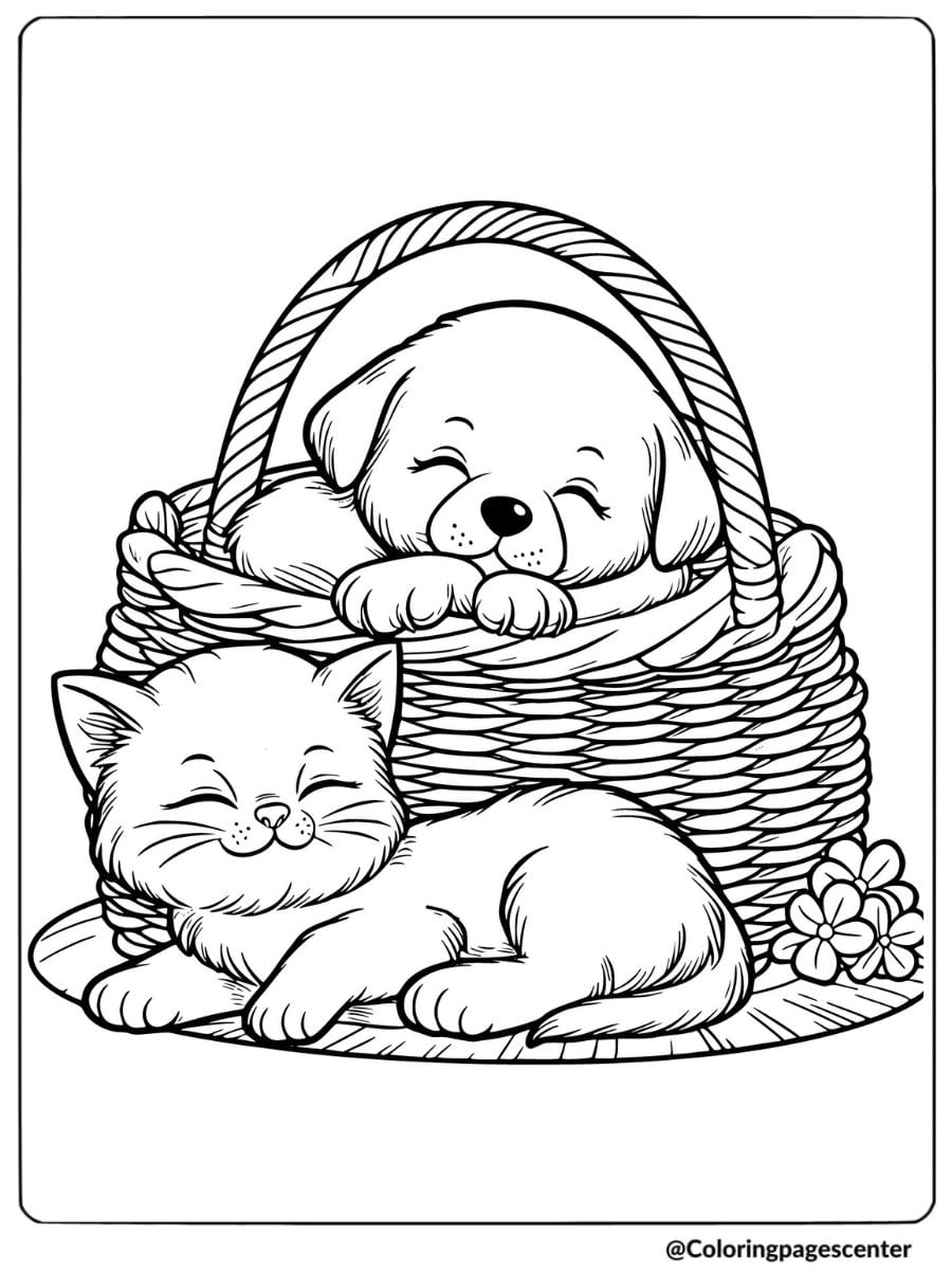 Sleeping puppy and kitten cuddled in basket coloring page