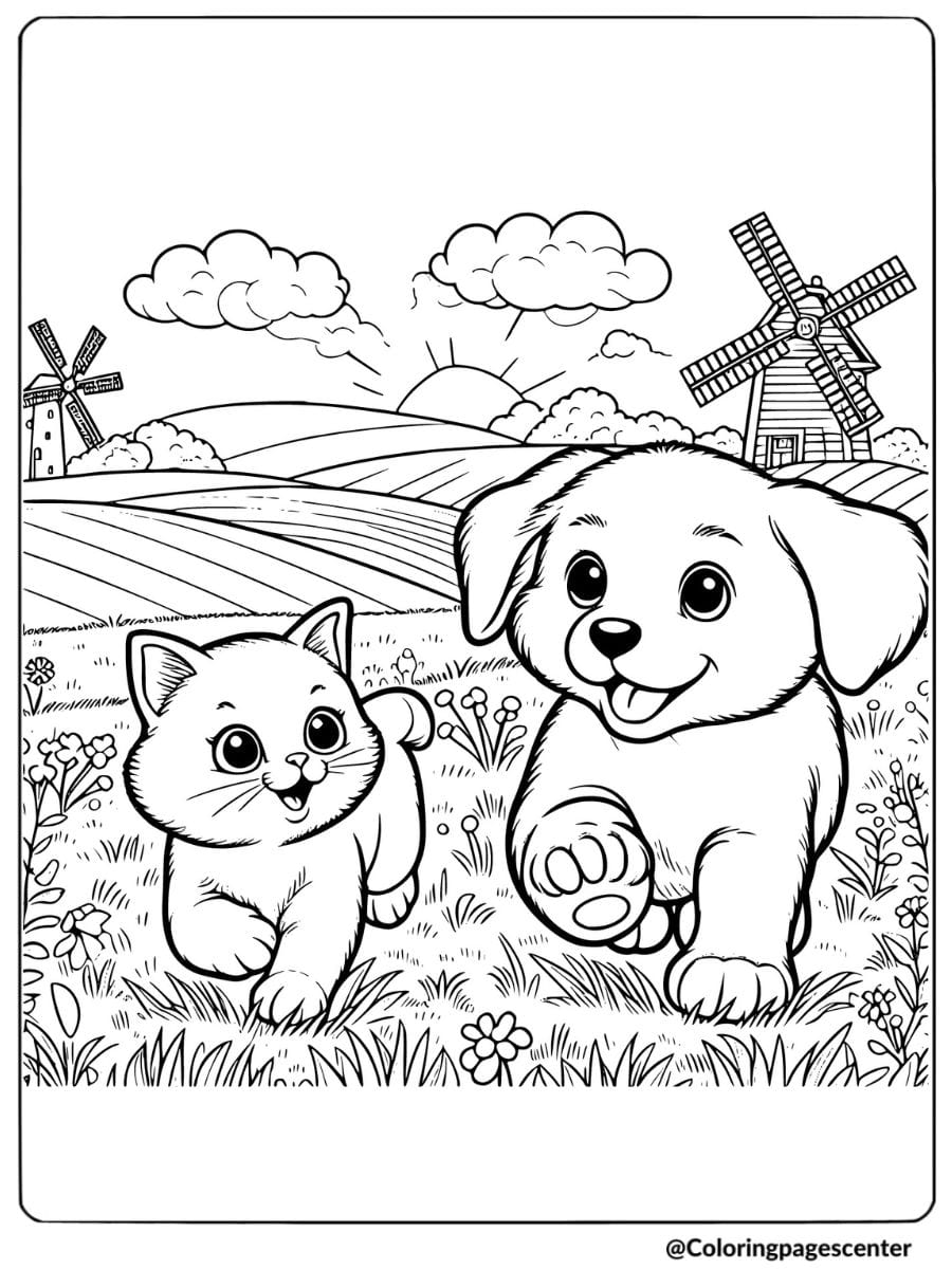 Puppy and kitten running in field with windmills coloring page