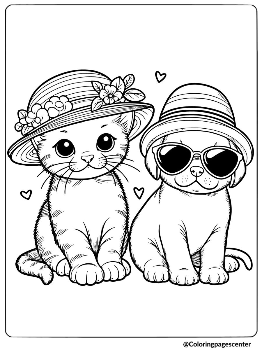 Puppy and kitten wearing hats with heart symbols coloring page