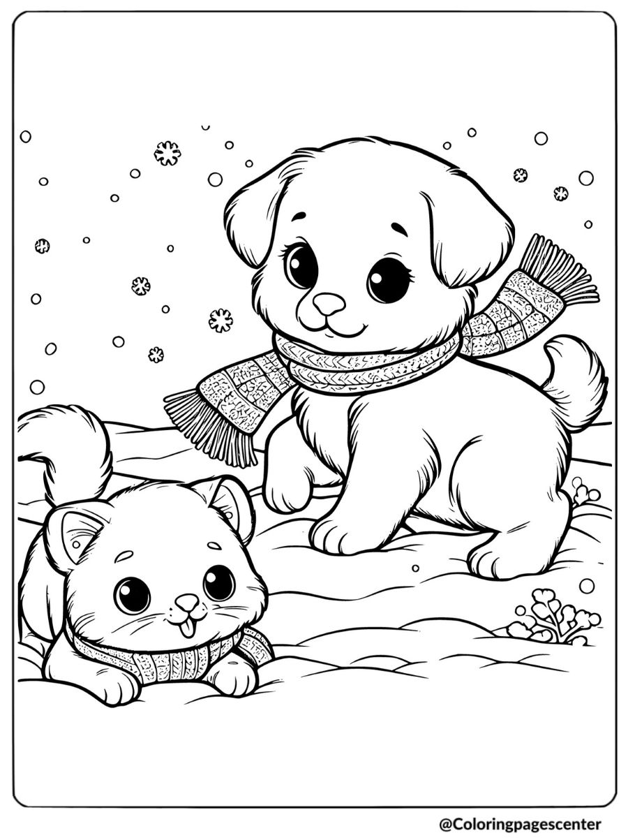 Cute puppy and kitten playing in snowy scenery coloring page