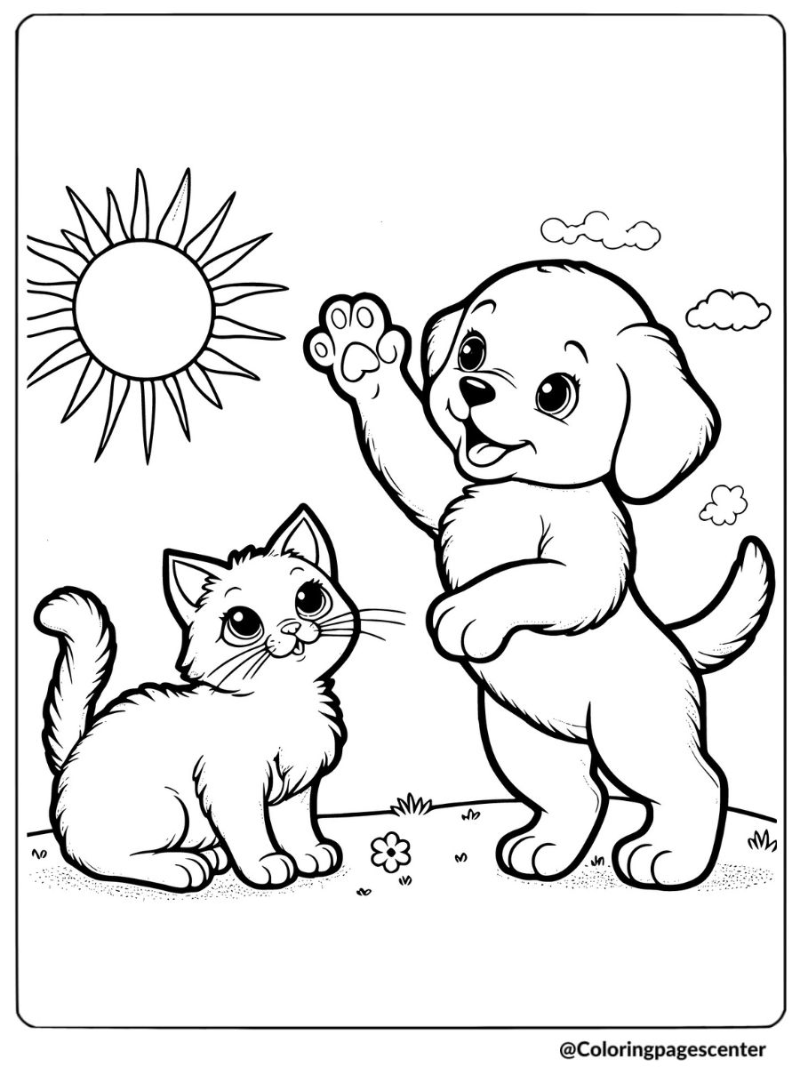 Friendly puppy waving to kitten under the sun coloring page