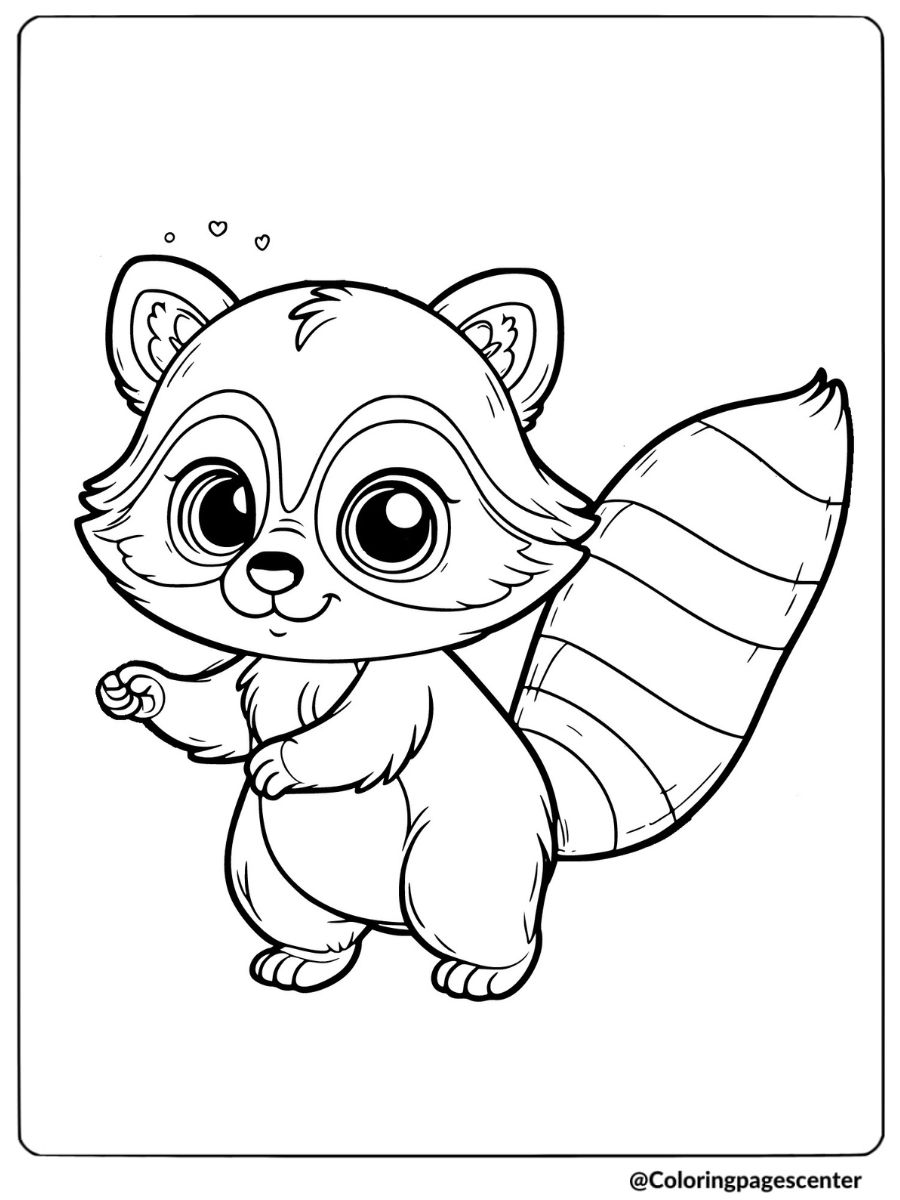 Coloring page of a cute raccoon waving its paw