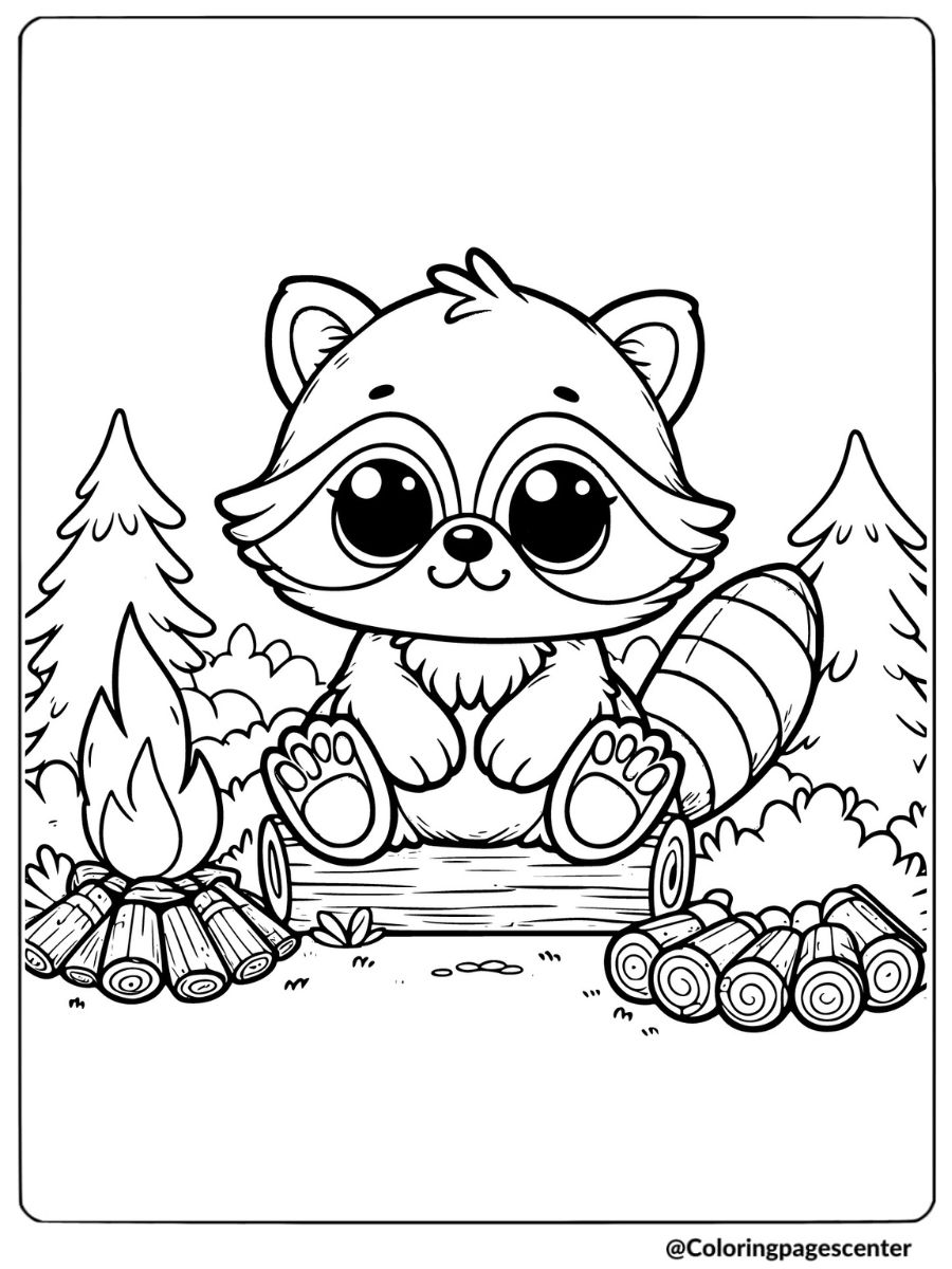 Coloring page of raccoon sitting near campfire