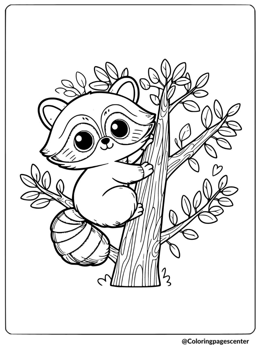 Coloring page of a raccoon climbing a tree