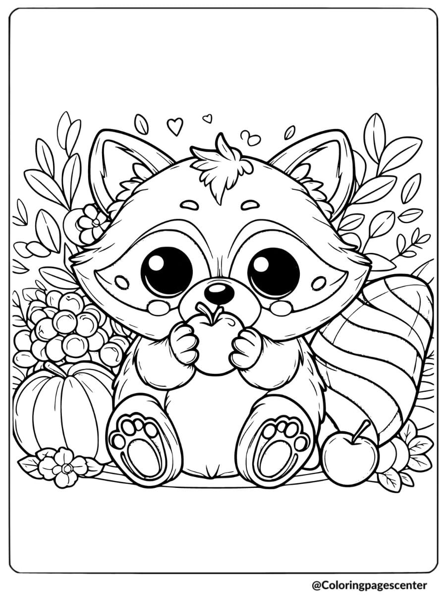 Coloring page of a raccoon enjoying a fruit