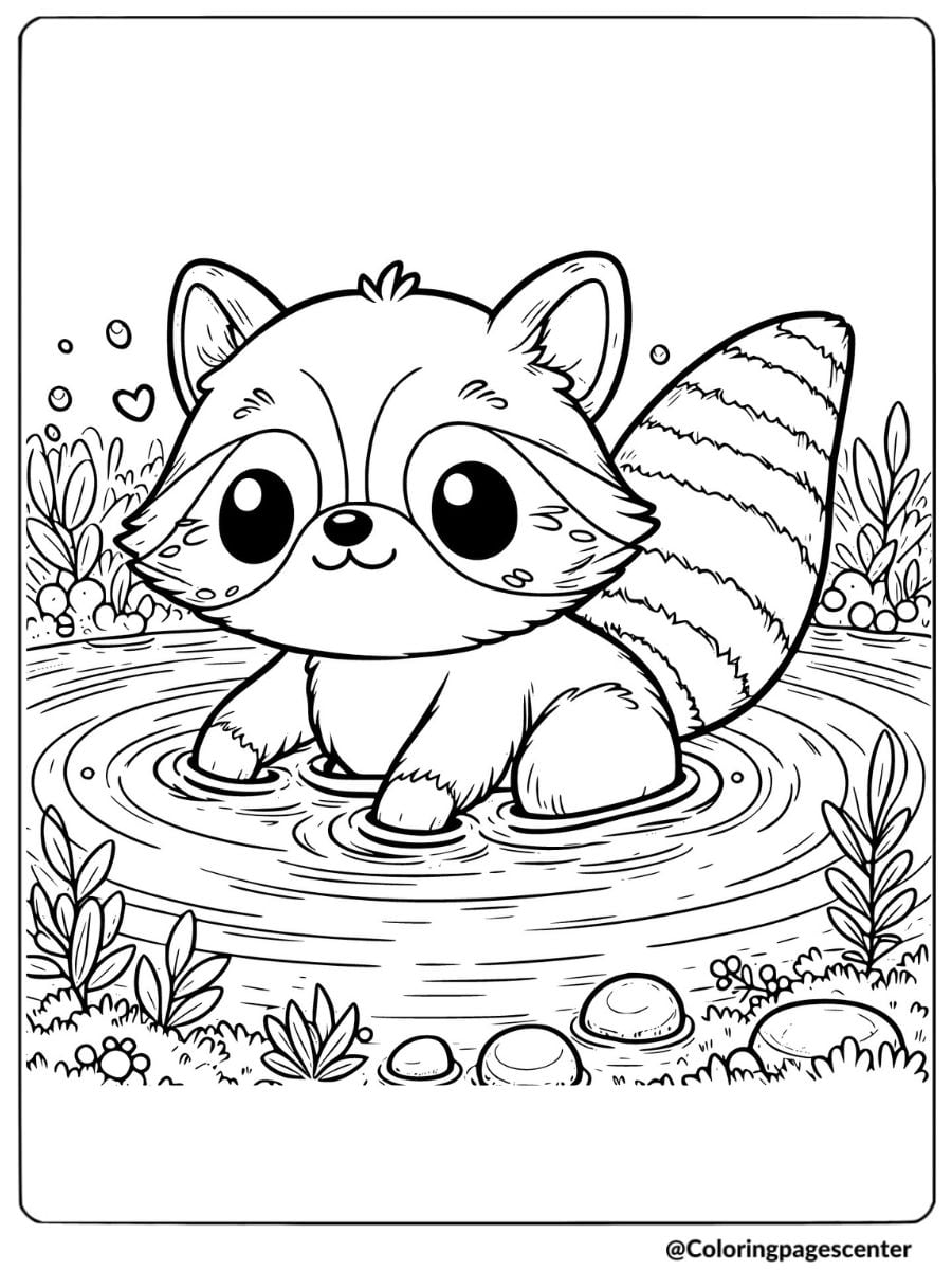 Coloring page of raccoon standing in water