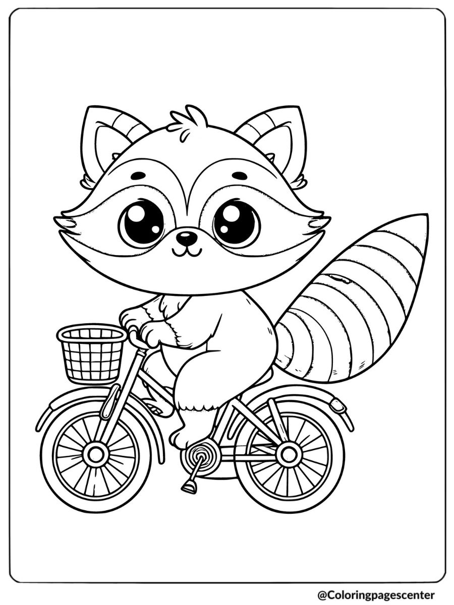 Coloring page of raccoon riding a bicycle