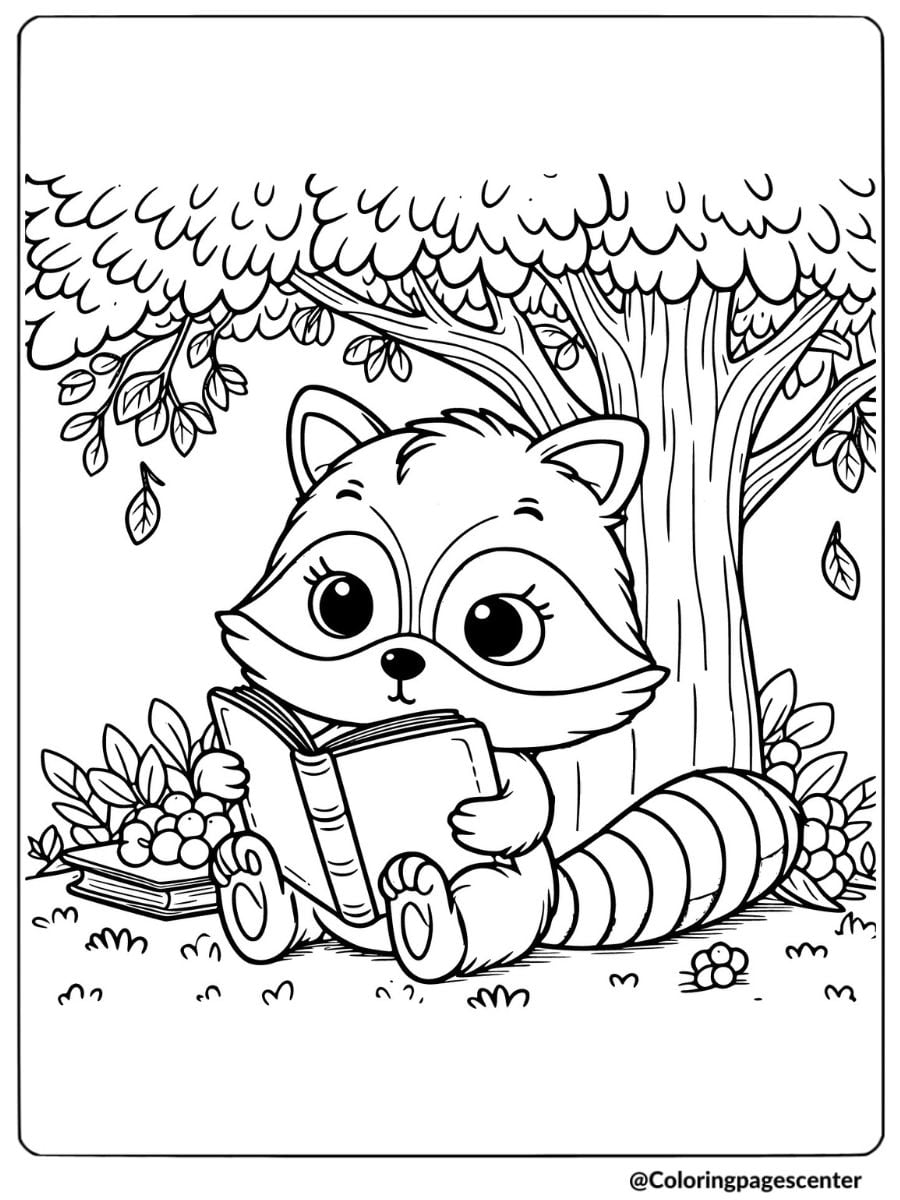 Coloring page of a raccoon reading under a tree