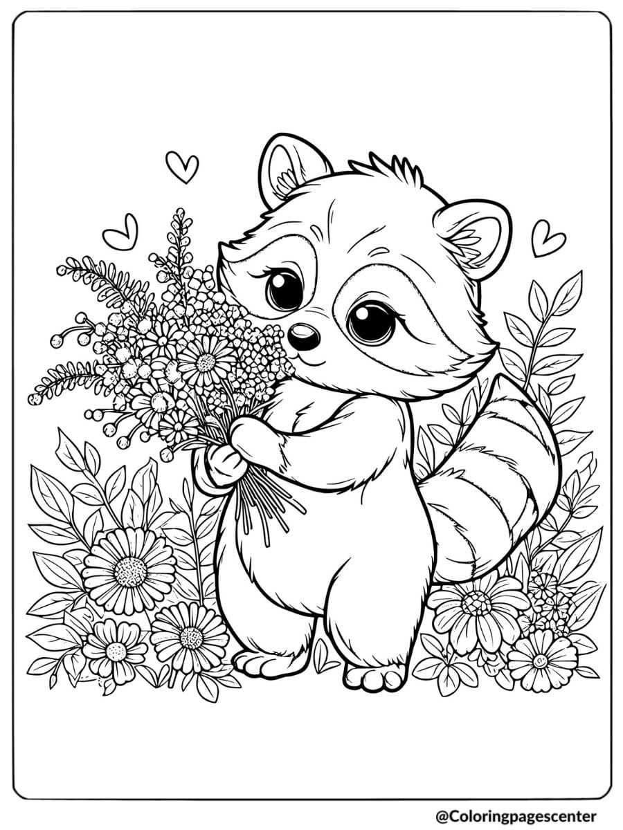 Coloring page of a raccoon holding a bouquet