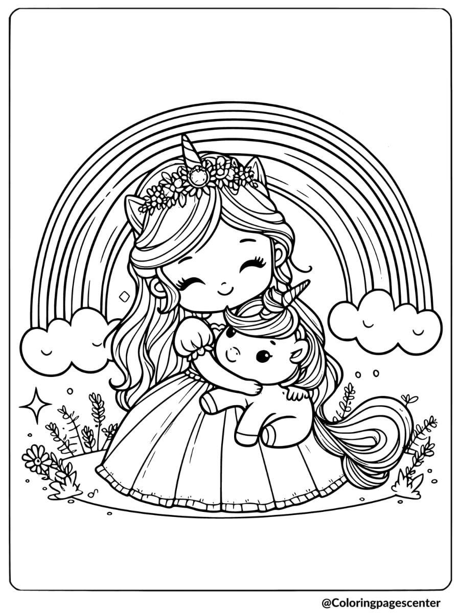 Princess holding a baby unicorn with rainbow coloring page