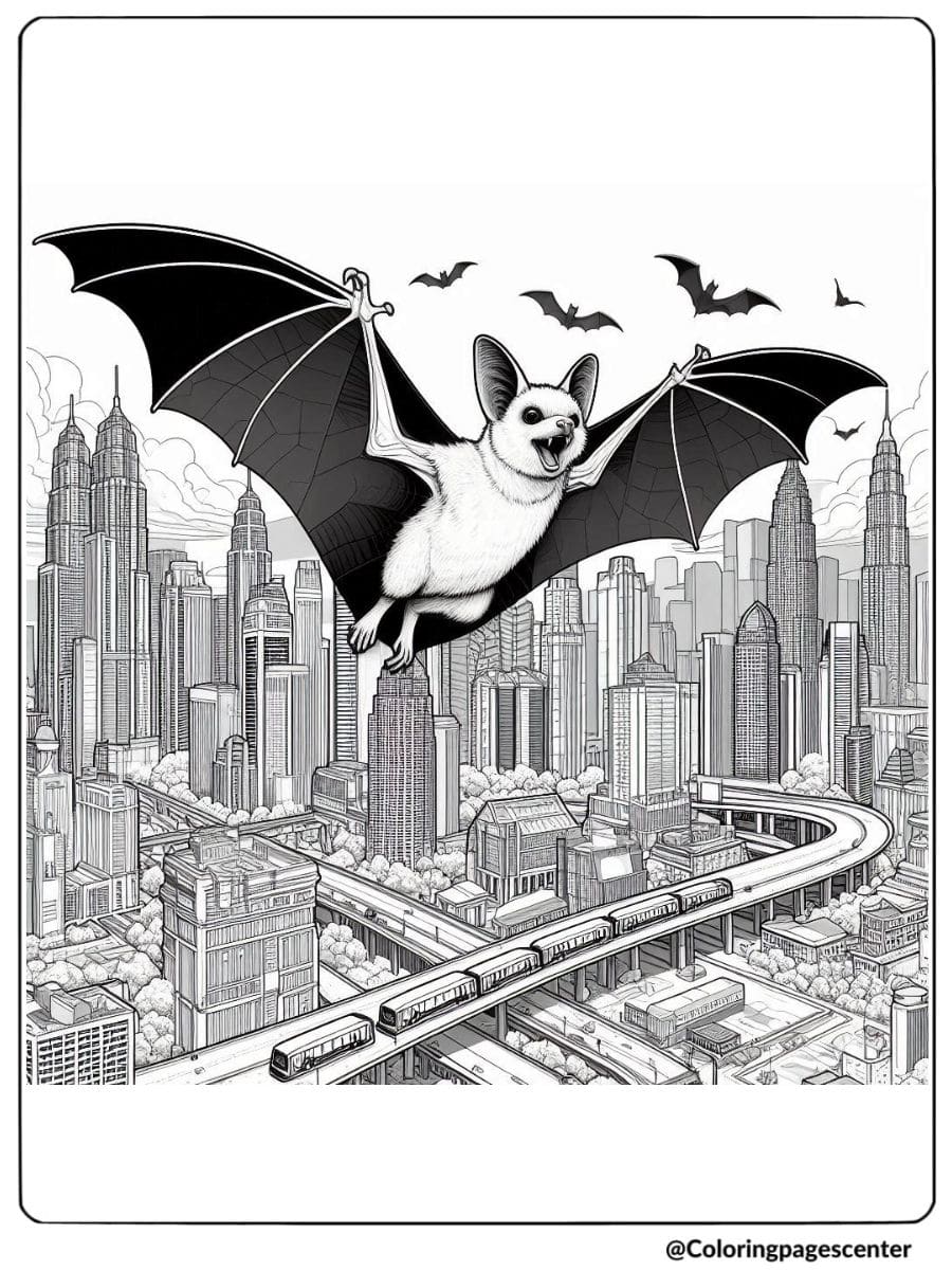 A realistic bat soaring above city buildings coloring page