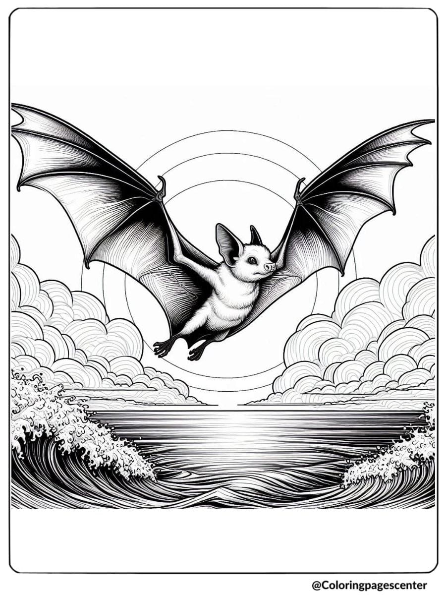 A realistic bat flying above waves and ocean coloring page