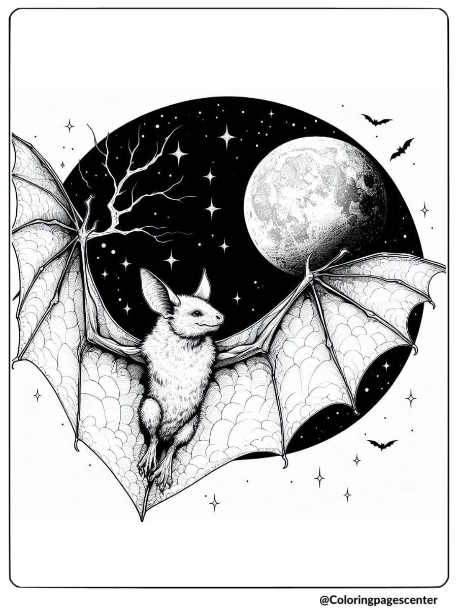 A realistic bat flying under a full moon coloring page