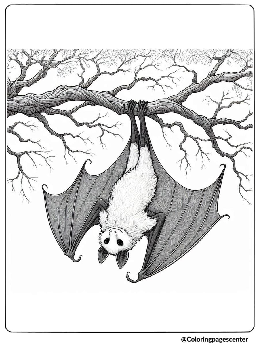 A realistic bat hanging on a tree branch coloring page