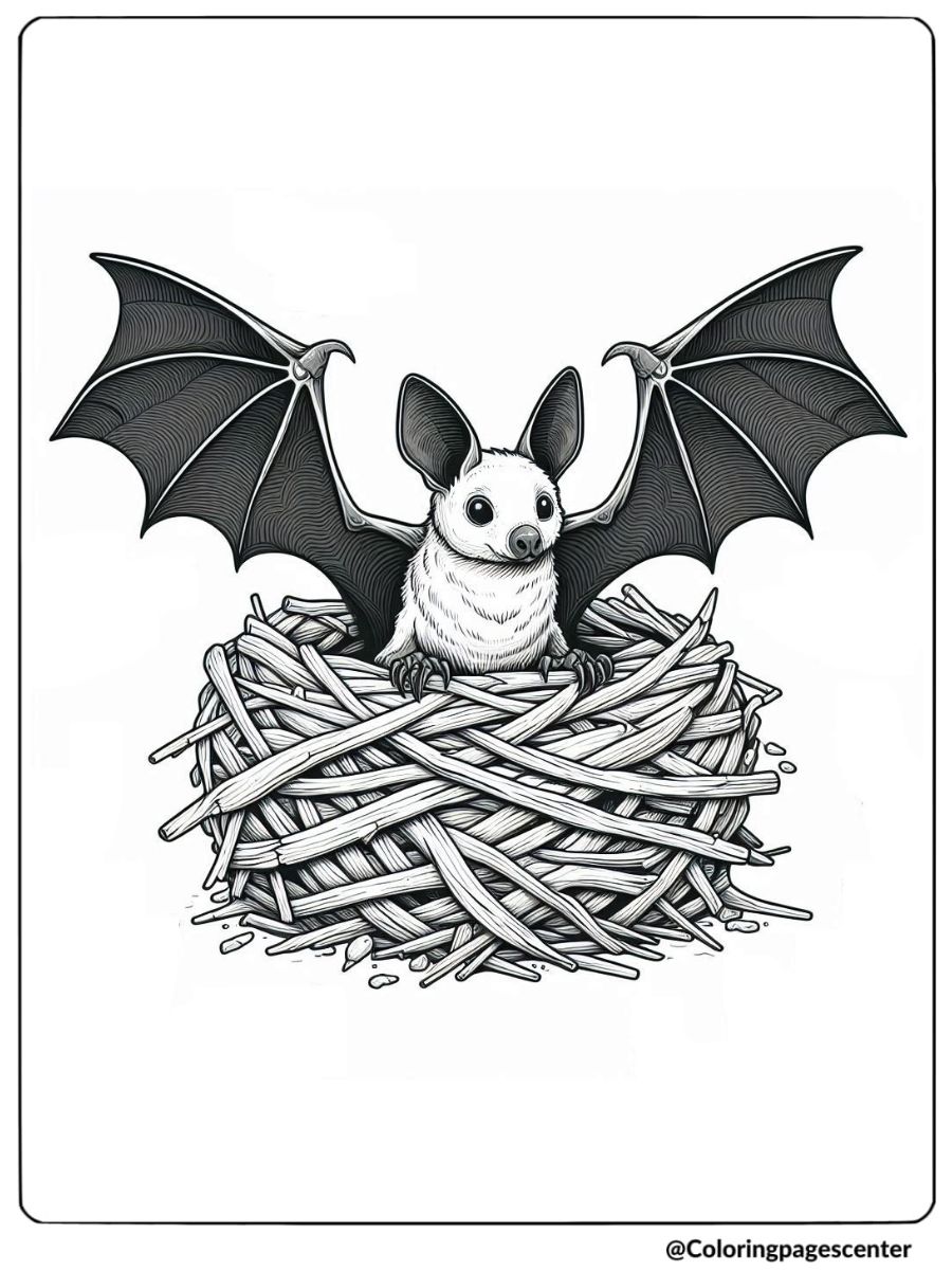 A realistic bat resting in a nest coloring page