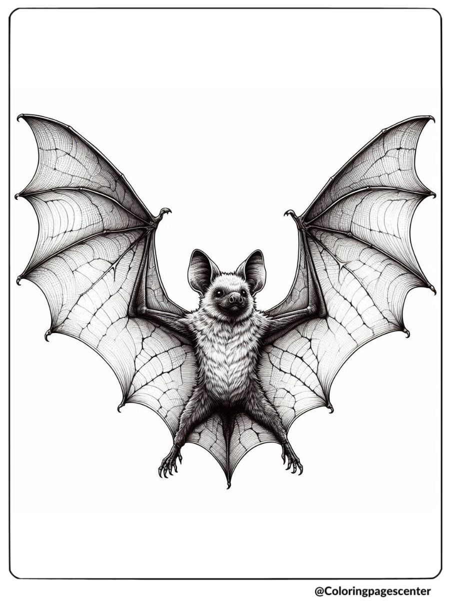 A realistic bat with outstretched wings coloring page