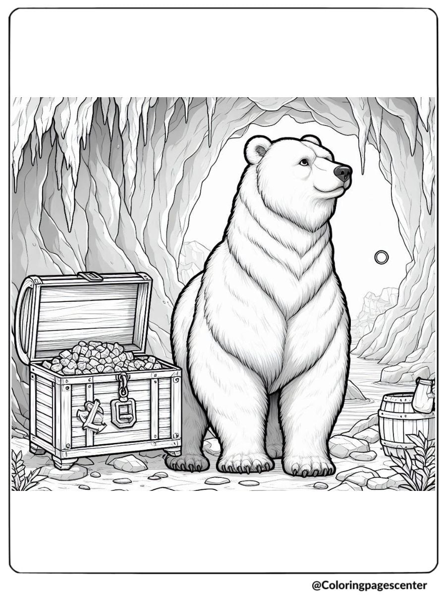 Realistic bear with treasure chest in cave coloring page