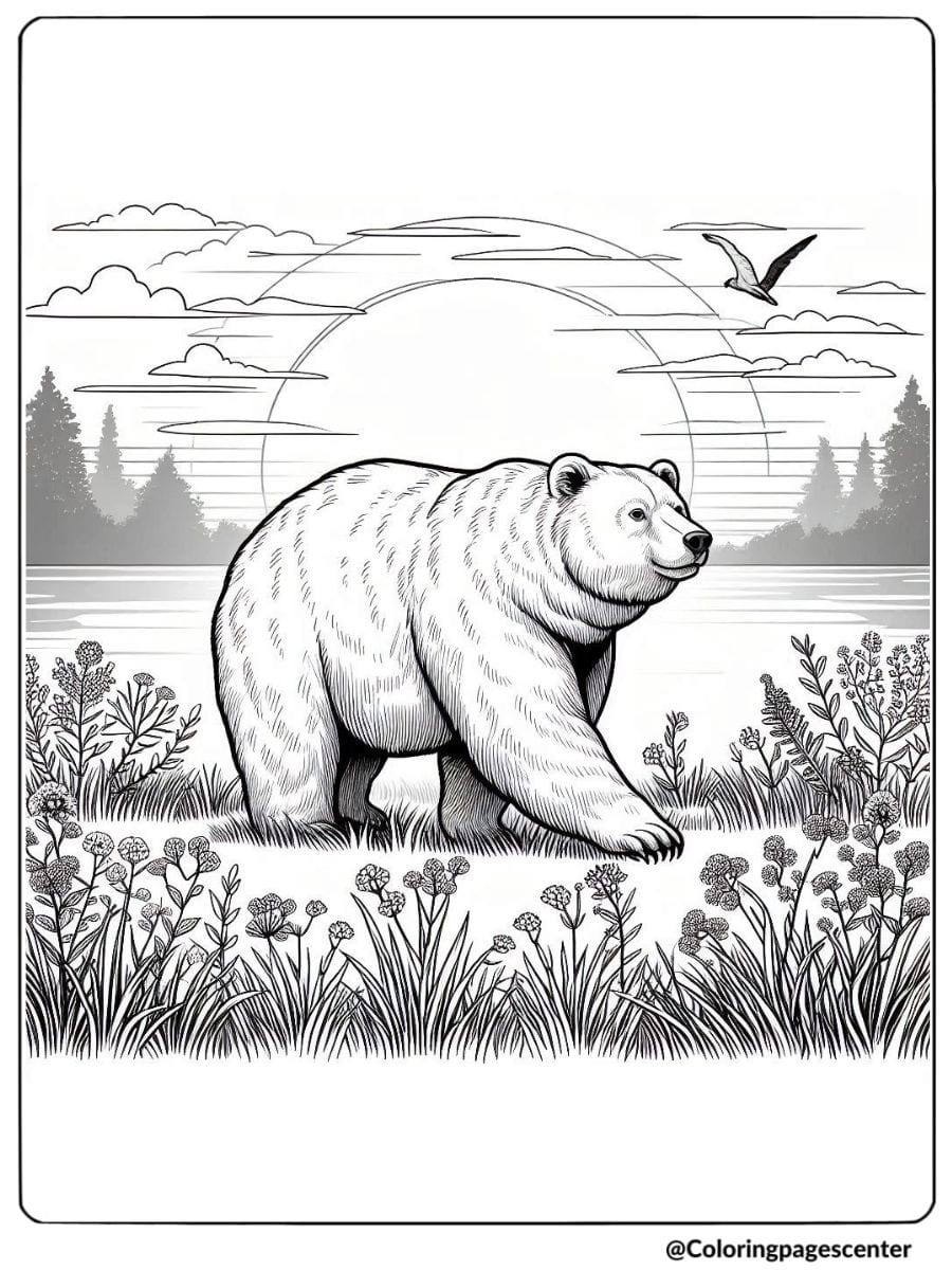 Bear walking by lake at sunset coloring page