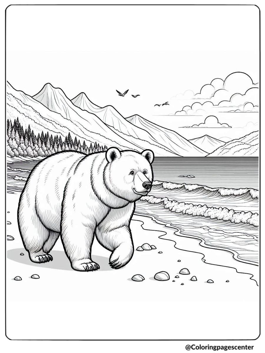 Bear walking by a mountain lake coloring page