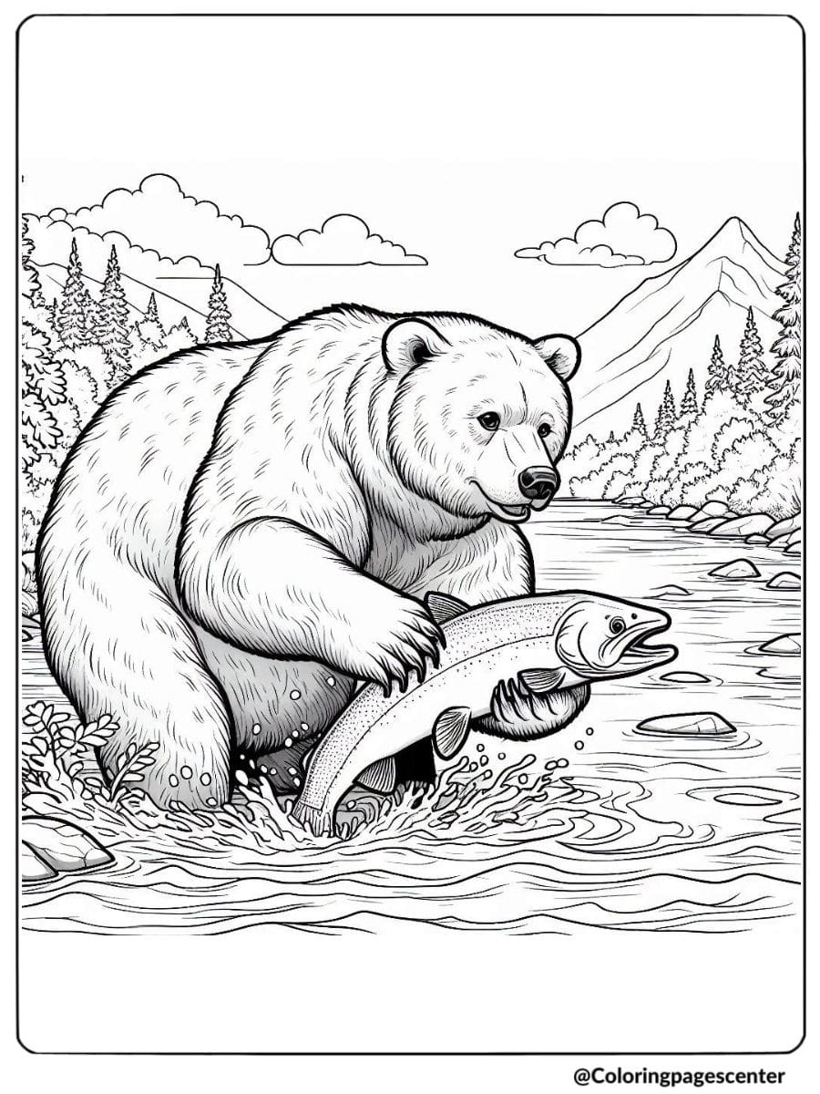 Realistic bear catching fish in river coloring page