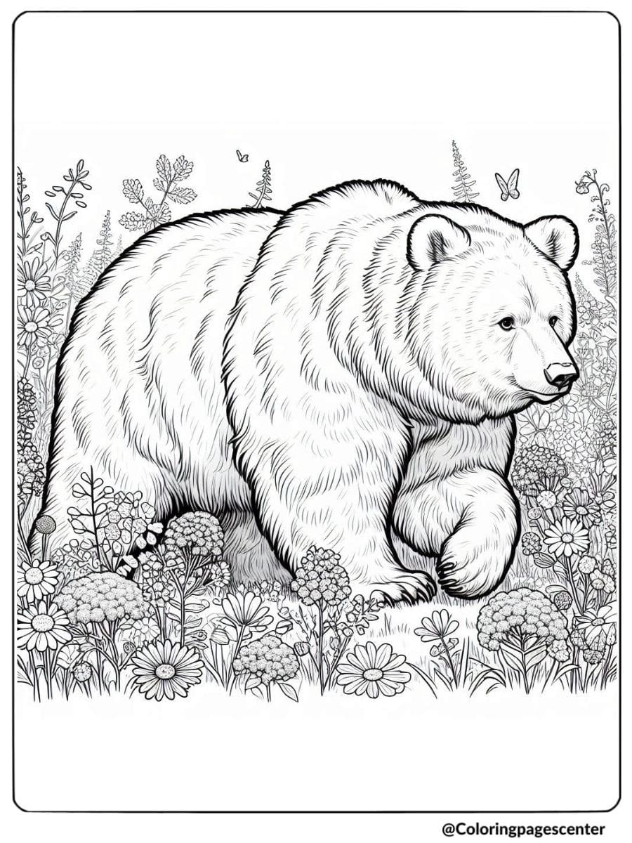 Realistic bear in field of flowers coloring page