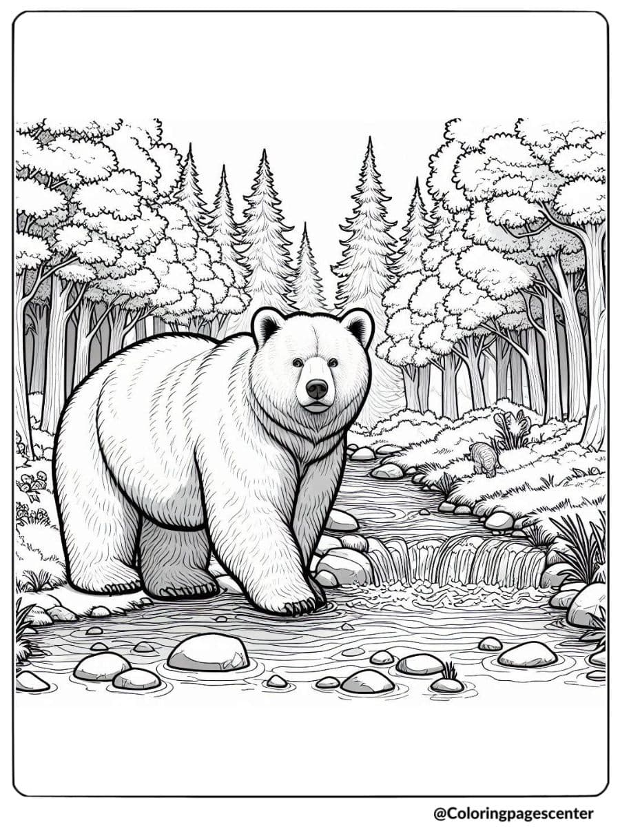 Realistic bear in forest stream coloring page