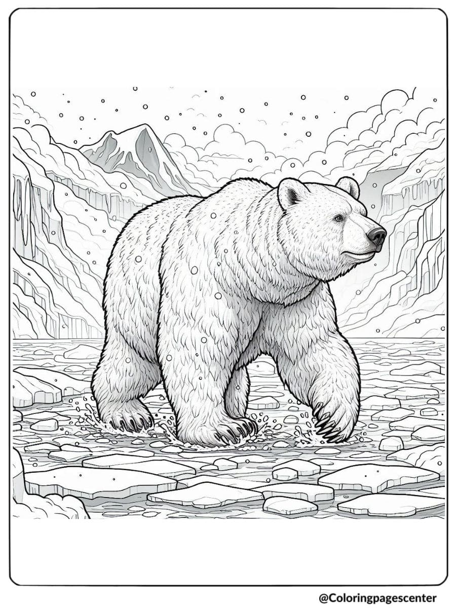 Bear walking on icy terrain coloring page