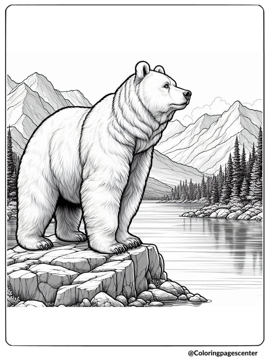 Bear standing on rocks by river coloring page