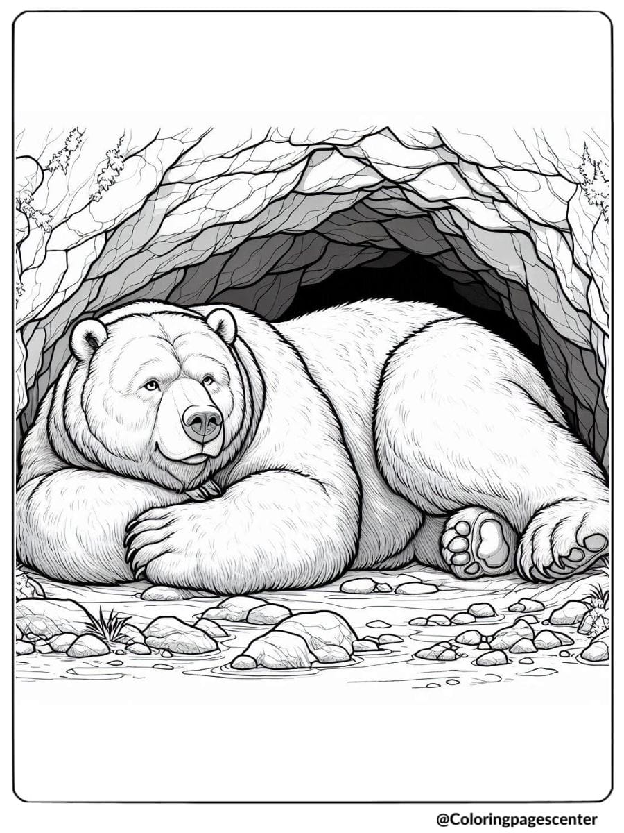 Realistic bear resting in cave coloring page