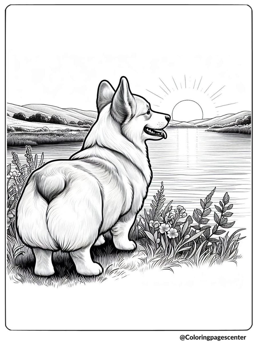 Realistic corgi by a lake at sunset coloring page