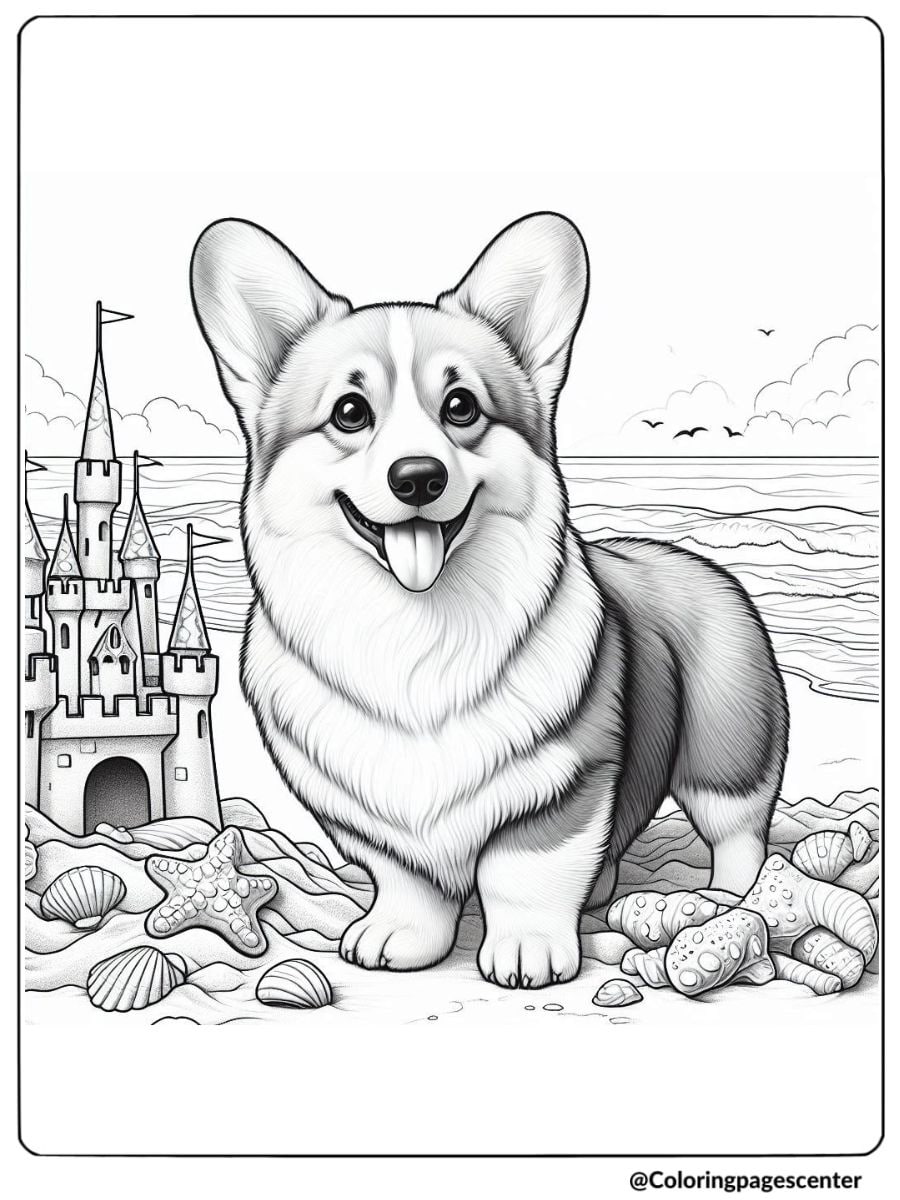 Smiling corgi by a sandcastle at the beach coloring page