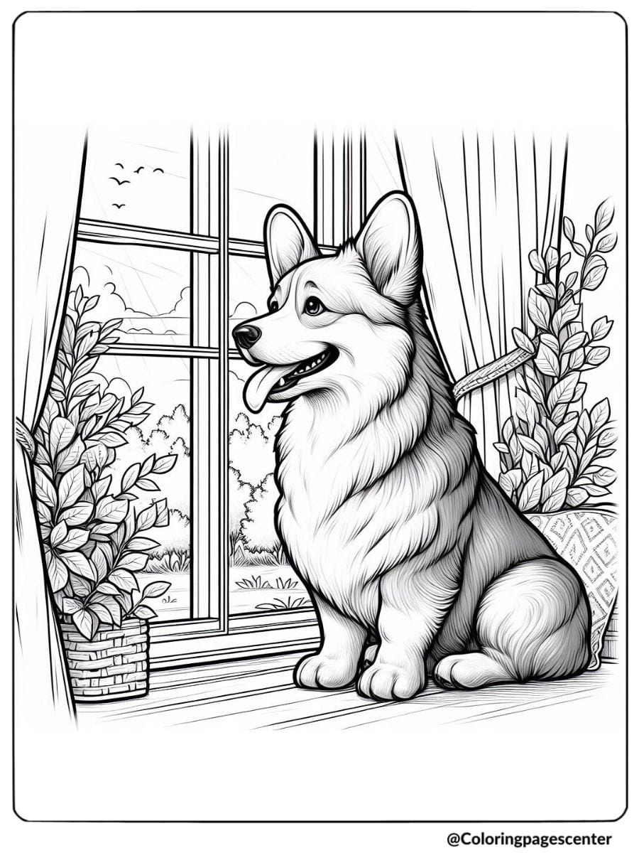 Detailed corgi sitting by a sunny window coloring page