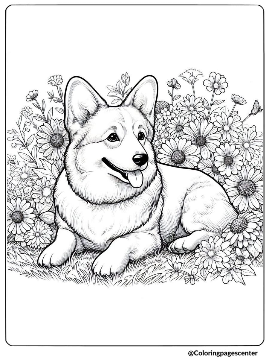 Corgi resting in a field of flowers coloring page