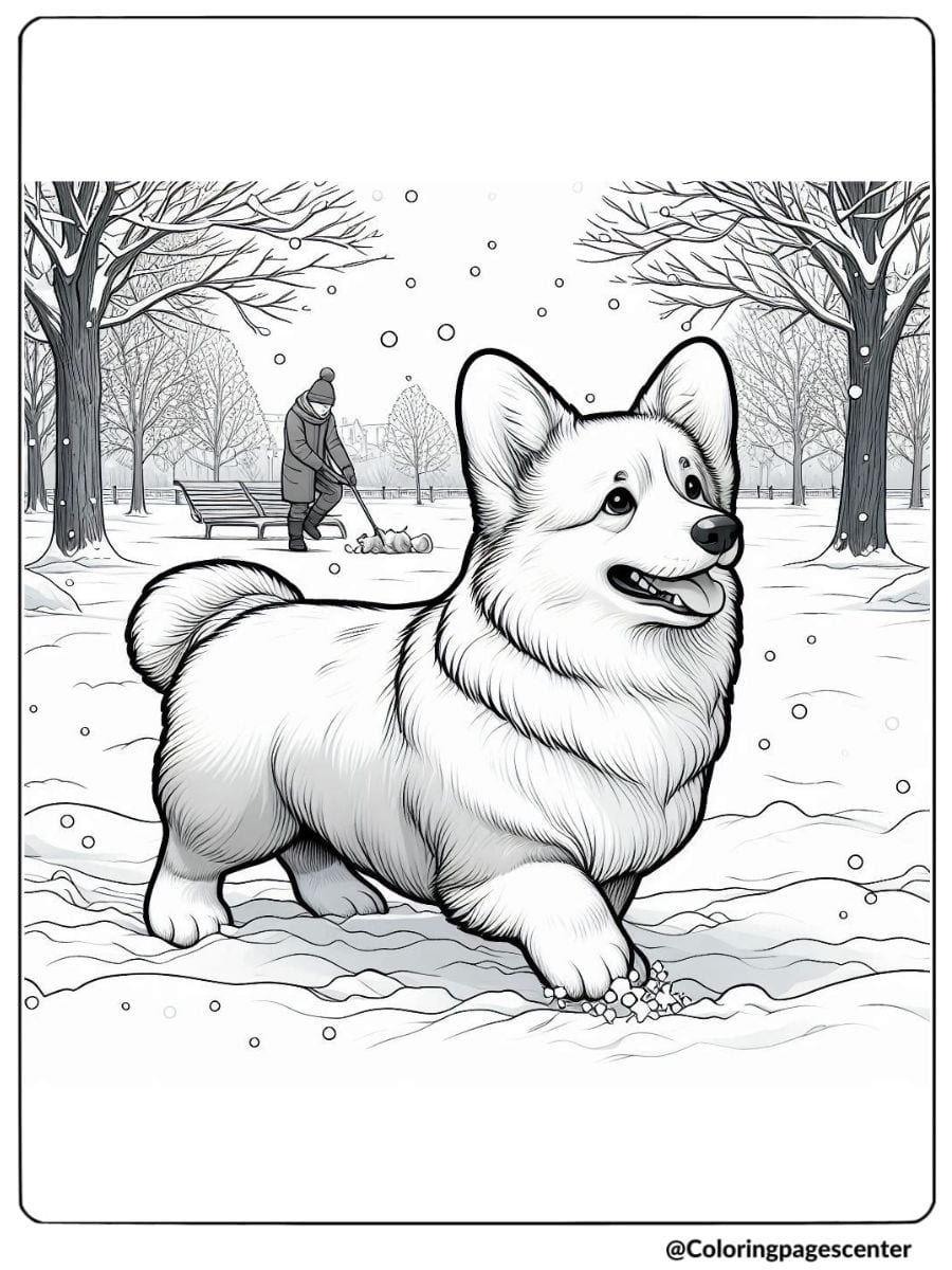 Corgi playing in the snow with trees coloring page