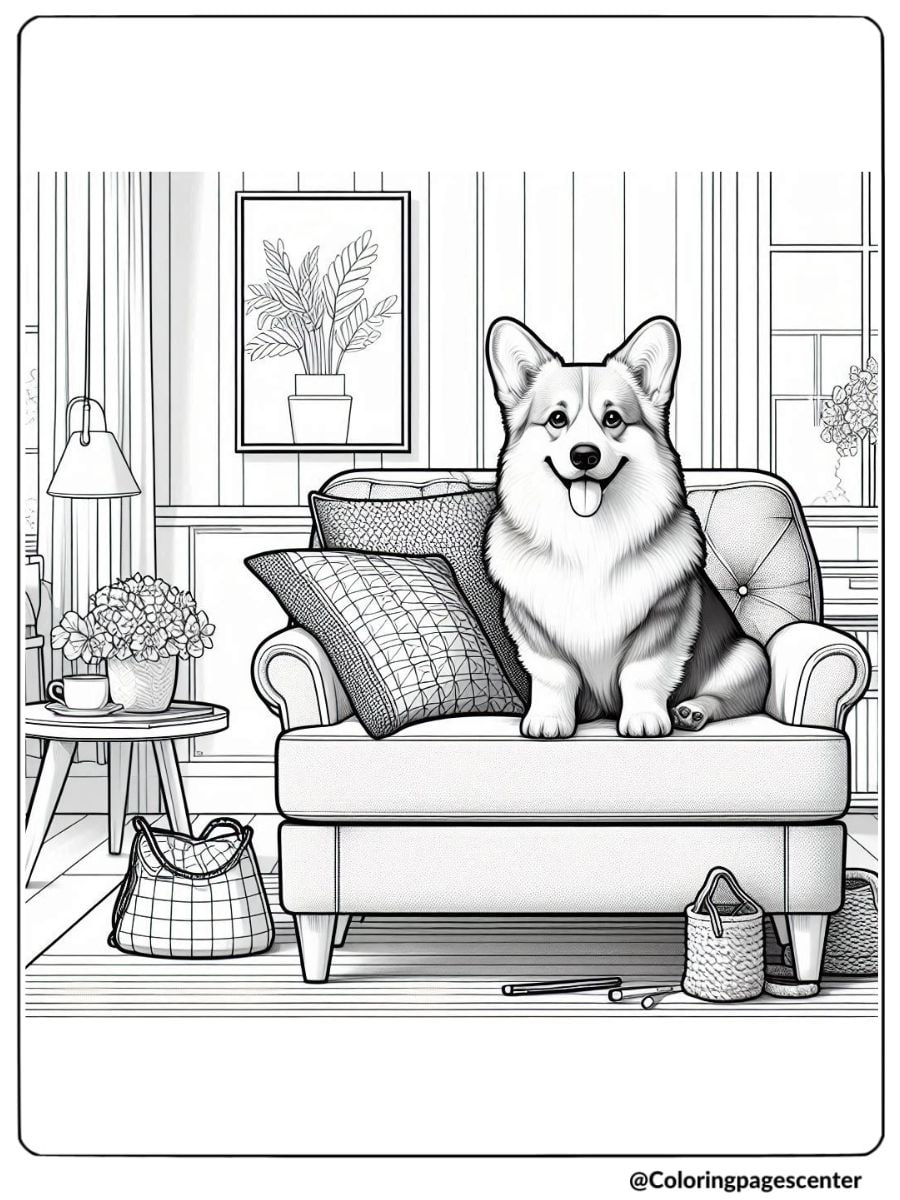 Corgi sitting on a couch in cozy living room coloring page