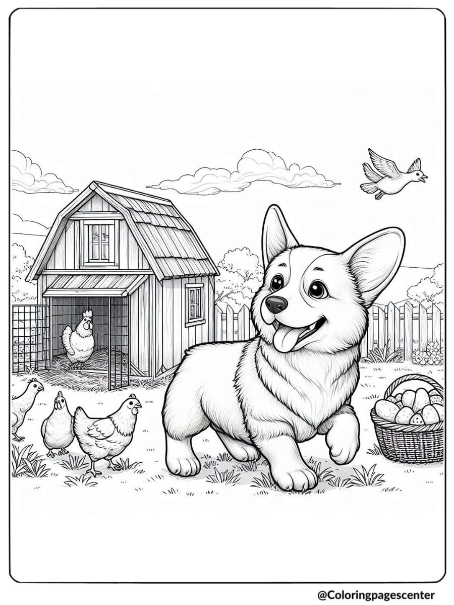 Happy corgi with chickens on a farm coloring page