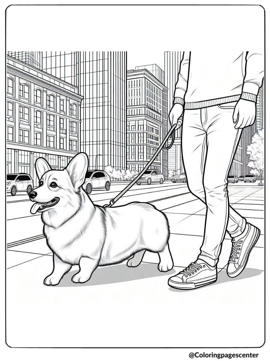 Corgi on a leash walking in urban setting coloring page