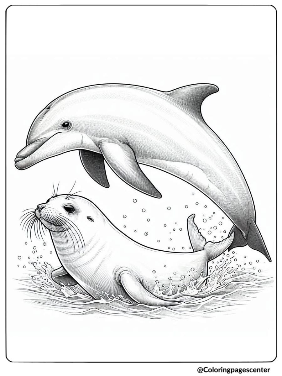 Realistic dolphin with a seal coloring page for adults