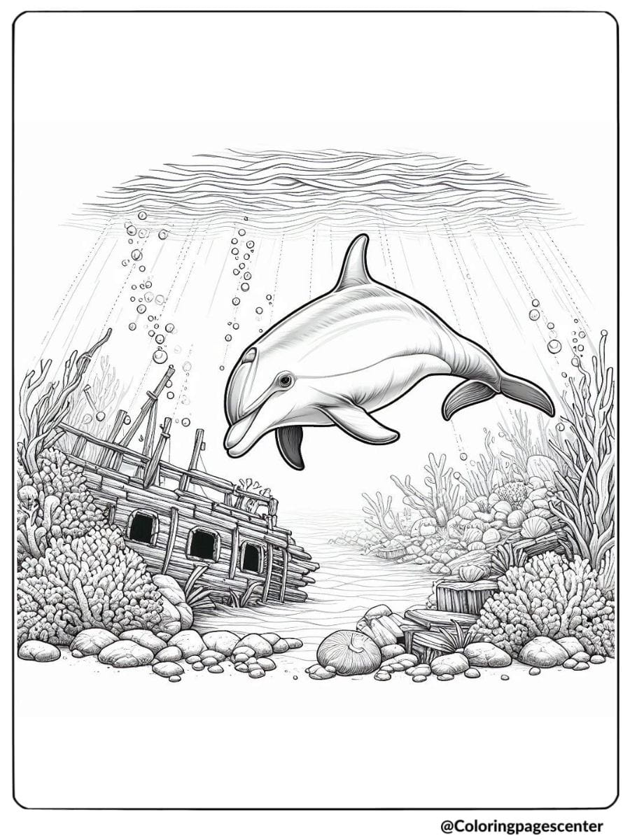 Dolphin exploring sunken ship in ocean coloring page