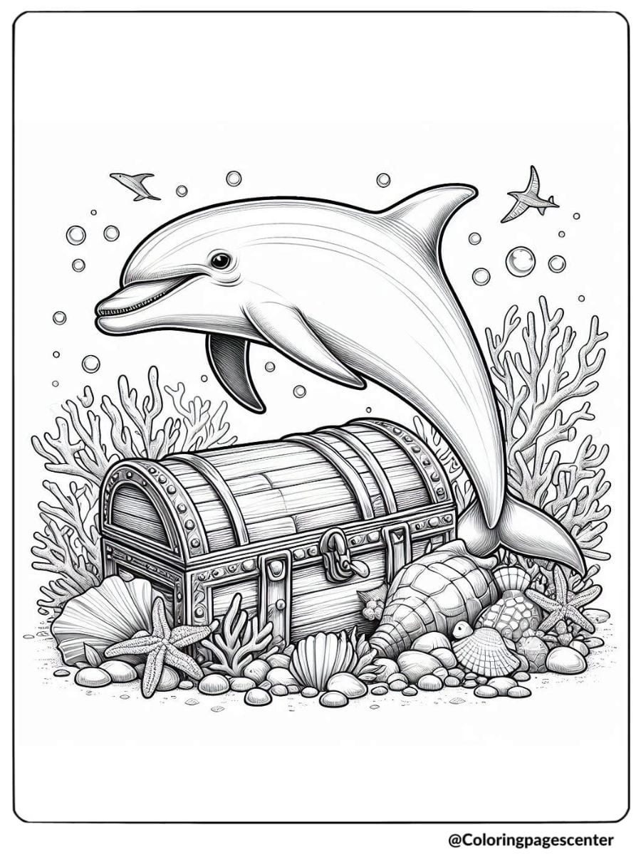 Dolphin with underwater treasure chest coloring page for adults