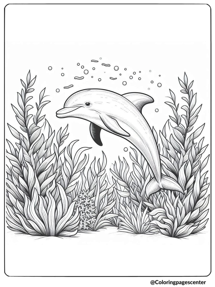 Dolphin swimming through seaweed coloring page for adults