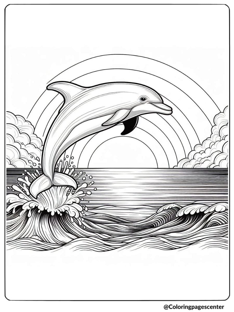 Dolphin jumping with a rainbow background coloring page