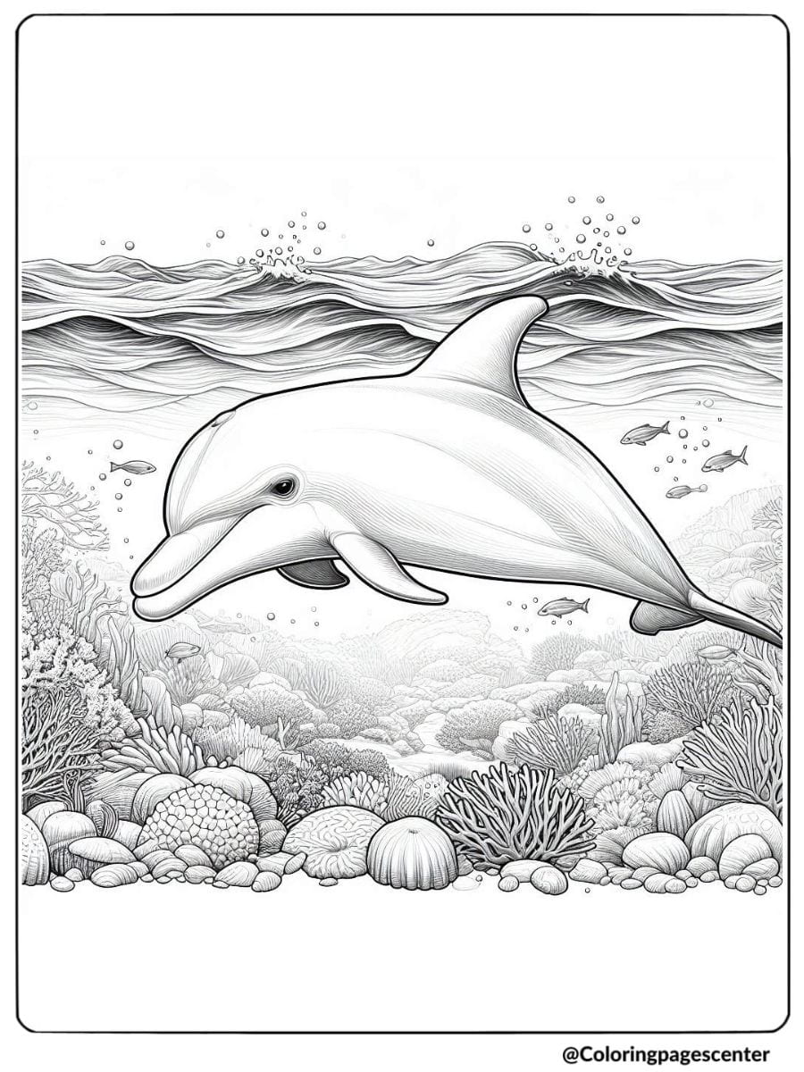 Dolphin with underwater plants and fish coloring page