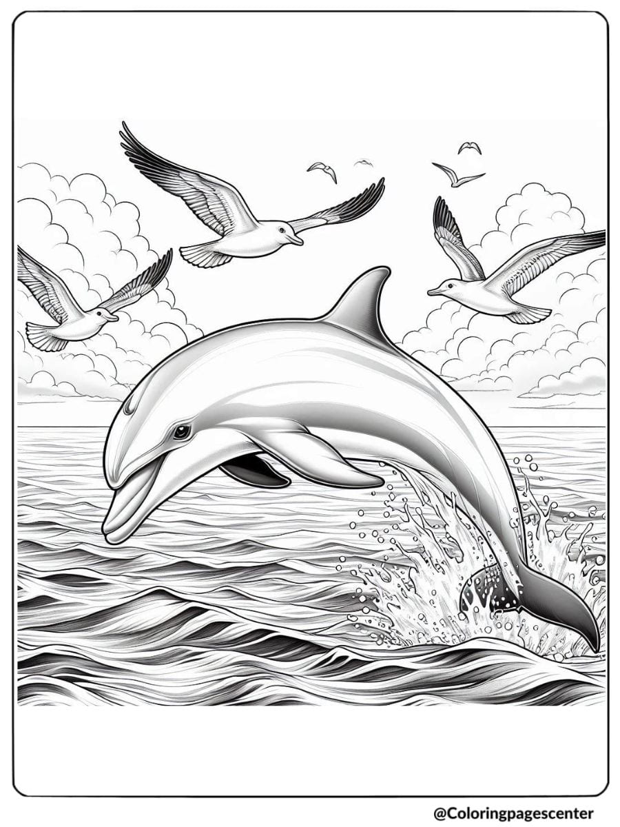 Leaping dolphin and flying seagulls coloring page