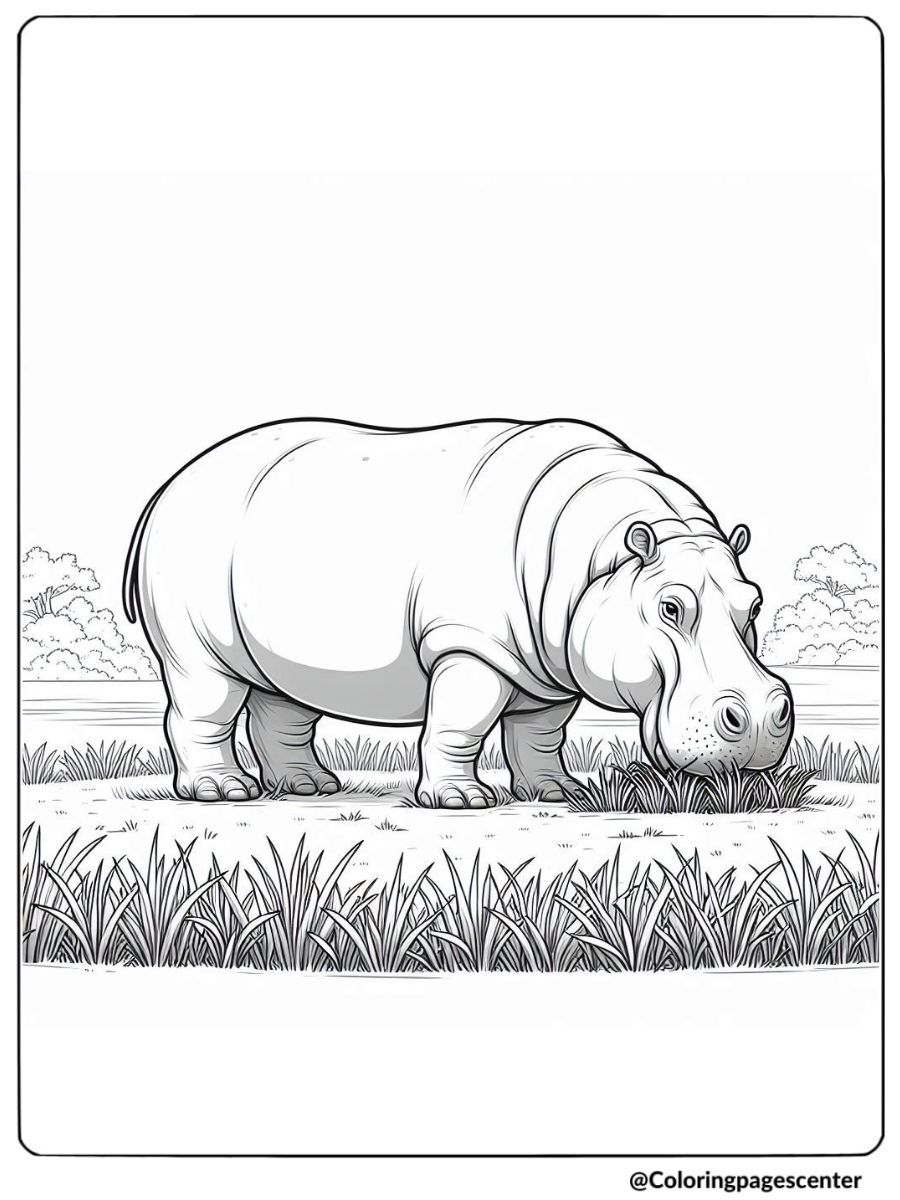 Coloring page of realistic hippo grazing in the grass